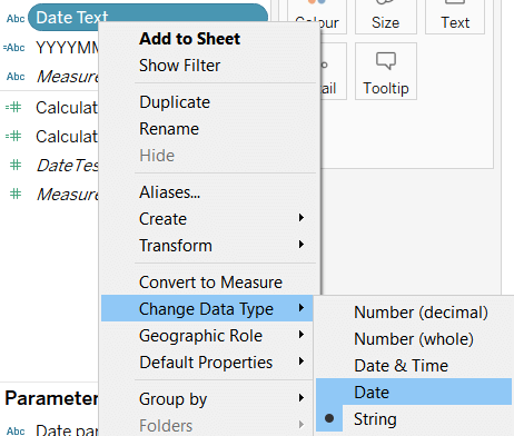 Menu item to change the date type in Tableau