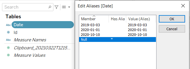 Set the alias of a null date in Tableau