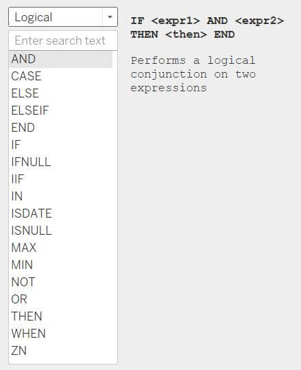 list of Tableau logical functions
