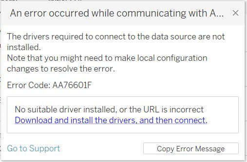 Tableau error message using Athena connector when no Athena driver installed