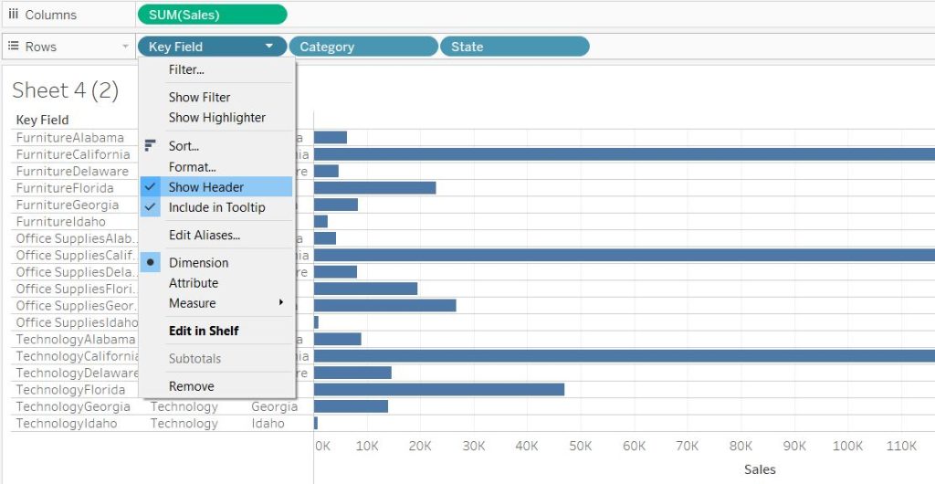 Using a calculated field to flatten a table in Tableau