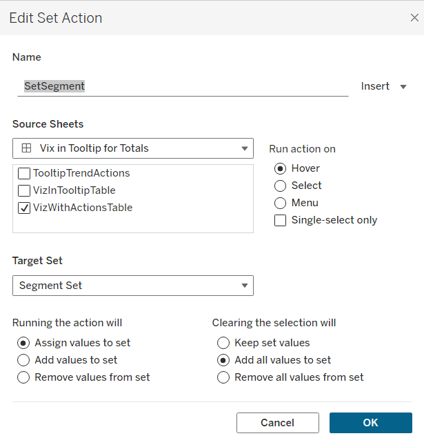 Tableau setting up a Set Action